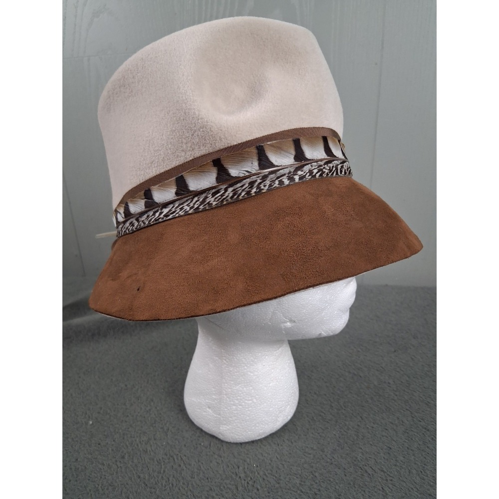 Vintage 70s Womens Brown Wool Felt Feather Band Dress Hat Fedora Union‎ Made USA